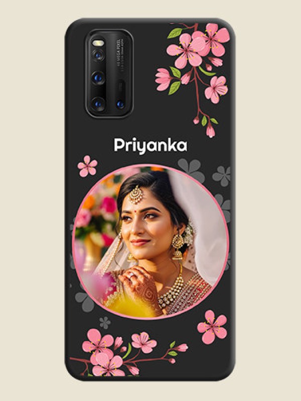 Custom Round Image with Pink Color Floral Design on Photo on Space Black Soft Matte Back Cover - iQOO 3 5G