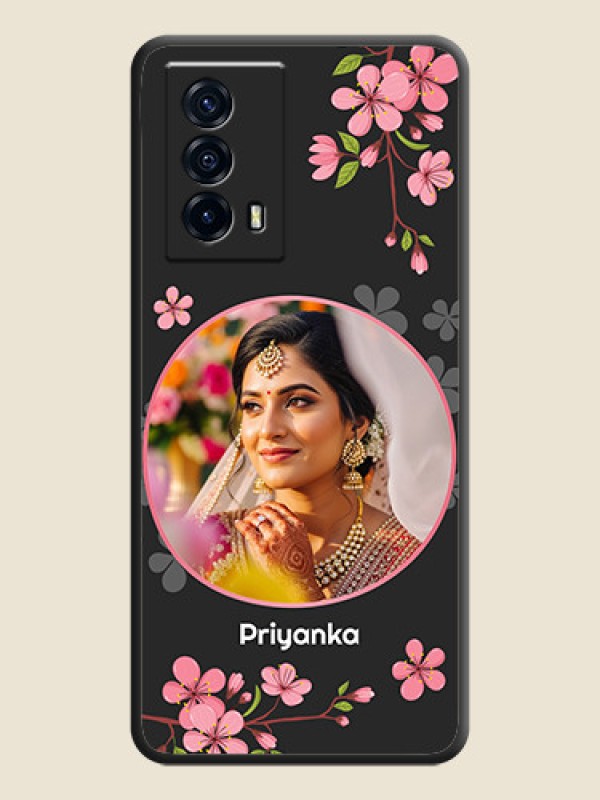 Custom Round Image with Pink Color Floral Design on Photo on Space Black Soft Matte Back Cover - iQOO Z5 5G