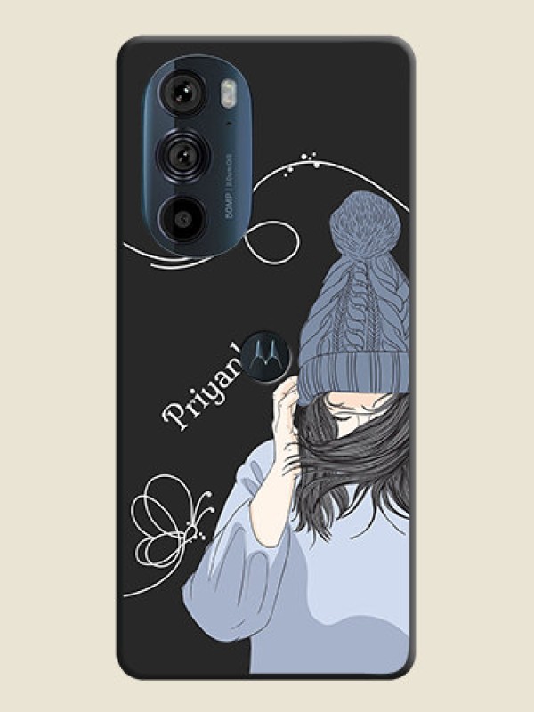 Custom Girl With Blue Winter Outfiit Custom Text Design On Space Black Personalized Soft Matte Phone Covers -Motorola Edge 30 Pro