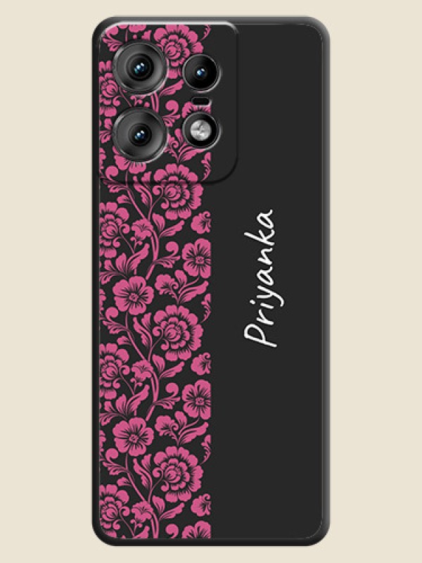 Custom Pink Floral Pattern Design With Custom Text On Space Black Custom Soft Matte Mobile Back Cover - Motorola Edge 50 Pro 5G