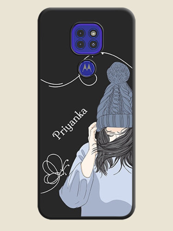 Custom Girl With Blue Winter Outfiit Custom Text Design On Space Black Personalized Soft Matte Phone Covers -Motorola G9