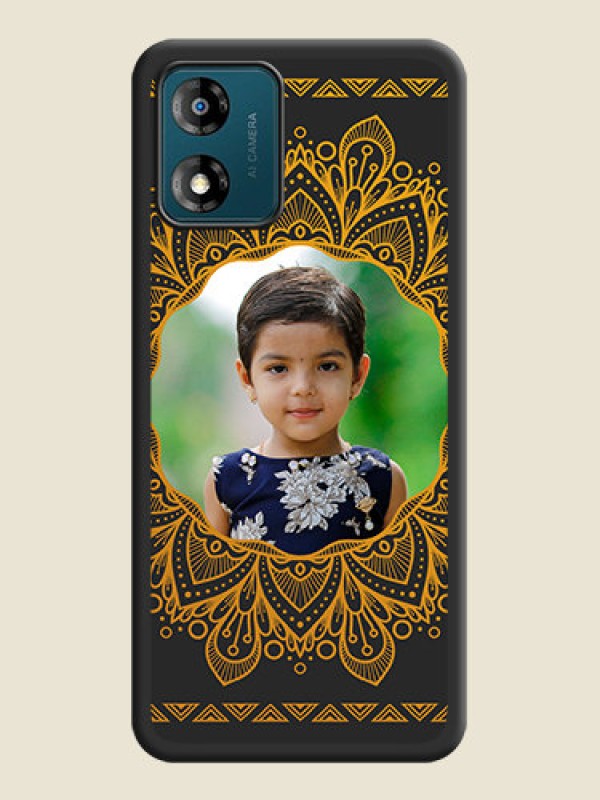 Custom Round Image with Floral Design on Photo on Space Black Soft Matte Mobile Cover - Motorola Moto E13
