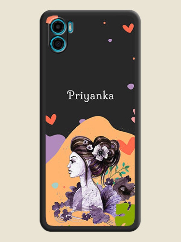 Custom Namecase For Her With Fancy Lady Image On Space Black Personalized Soft Matte Phone Covers -Motorola Moto E22S