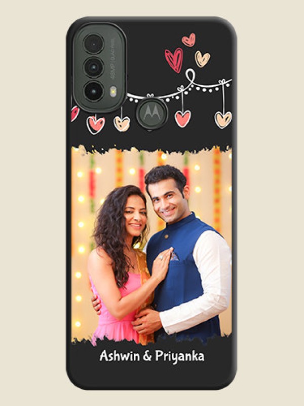 Custom Pink Love Hangings with Name On Space Black Custom Soft Matte Mobile Back Cover - Motorola Moto E30
