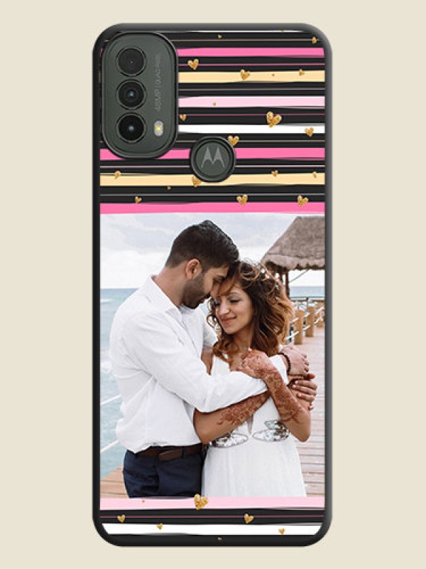 Custom Multicolor Lines and Golden Love Symbols Design on Photo On Space Black Custom Soft Matte Mobile Back Cover - Motorola Moto E30
