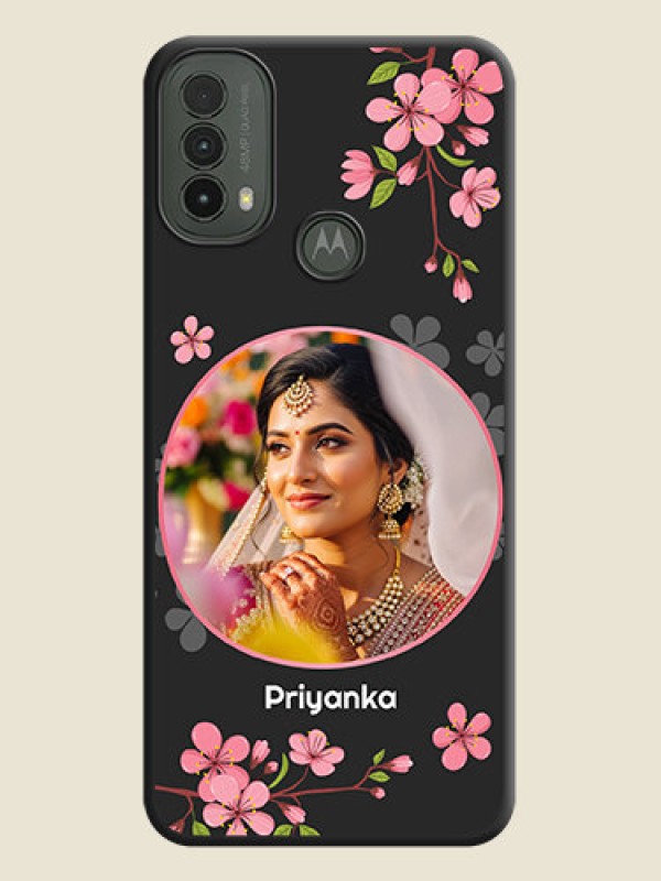 Custom Round Image with Pink Color Floral Design on Photo On Space Black Custom Soft Matte Mobile Back Cover - Motorola Moto E30
