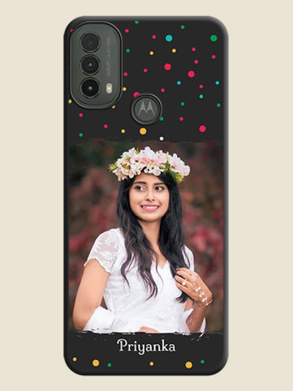 Custom Multicolor Dotted Pattern with Text On Space Black Custom Soft Matte Mobile Back Cover - Motorola Moto E30