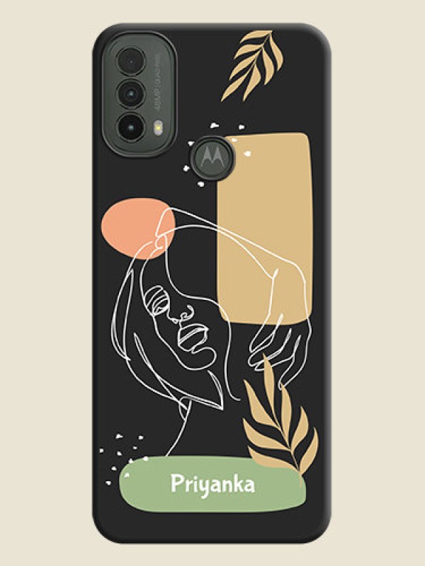 Custom Custom Text With Line Art Of Women & Leaves Design On Space Black Custom Soft Matte Mobile Back Cover - Motorola Moto E30