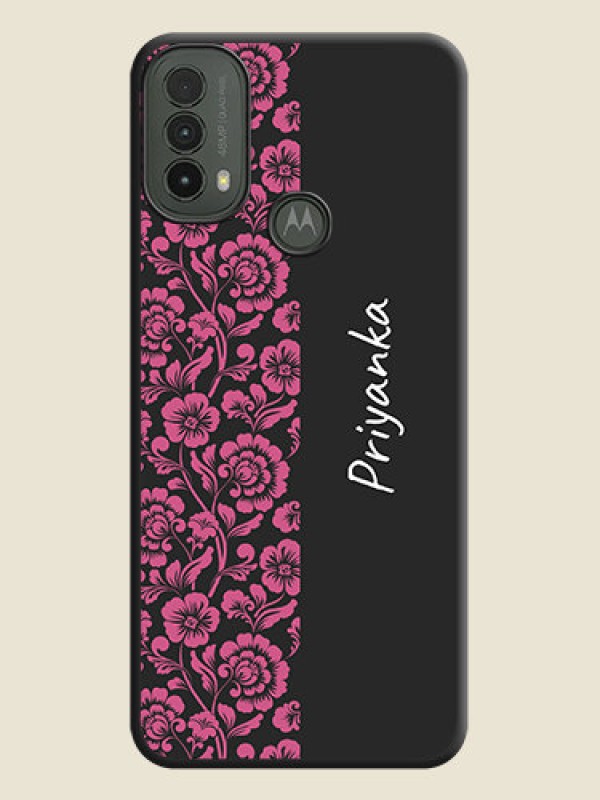 Custom Pink Floral Pattern Design With Custom Text On Space Black Custom Soft Matte Mobile Back Cover - Motorola Moto E30