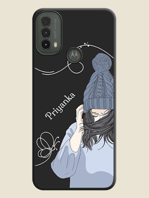 Custom Girl With Blue Winter Outfiit Custom Text Design On Space Black Custom Soft Matte Mobile Back Cover - Motorola Moto E30