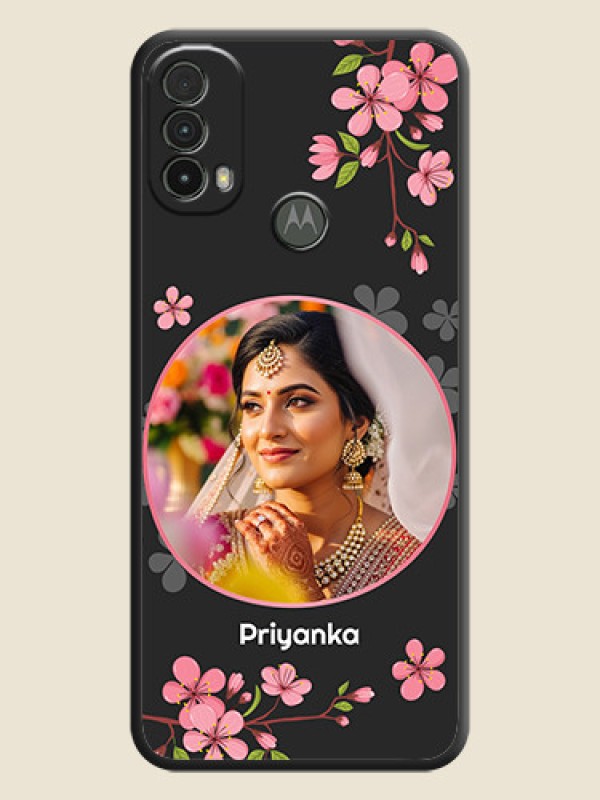 Custom Round Image with Pink Color Floral Design on Photo on Space Black Soft Matte Back Cover - Moto E40