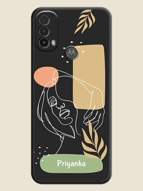 Custom Custom Text With Line Art Of Women & Leaves Design On Space Black Personalized Soft Matte Phone Covers -Motorola Moto E40