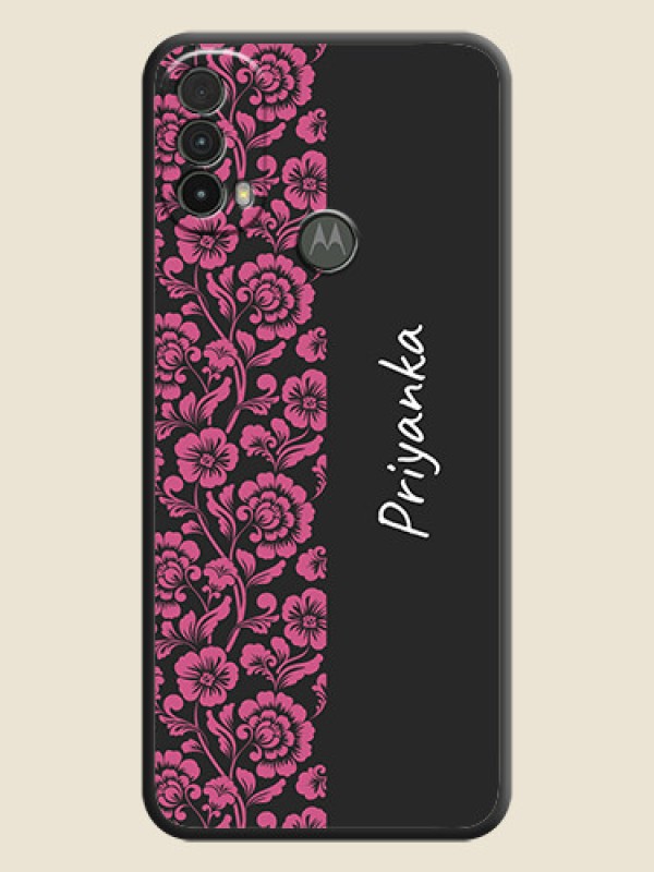Custom Pink Floral Pattern Design With Custom Text On Space Black Personalized Soft Matte Phone Covers -Motorola Moto E40
