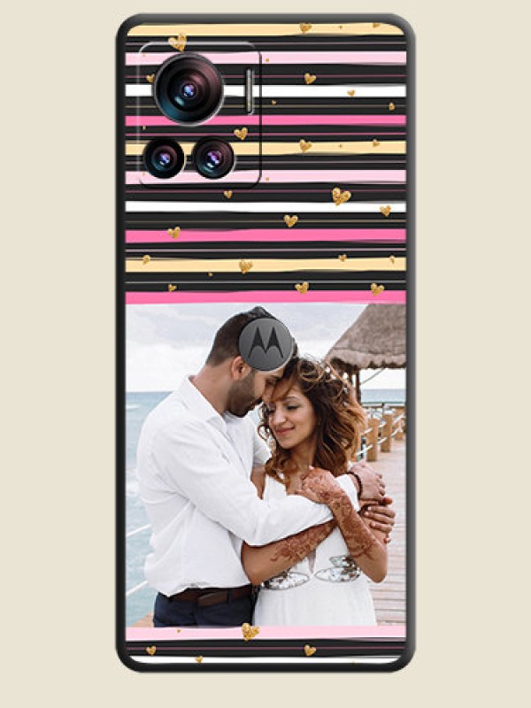 Custom Multicolor Lines and Golden Love Symbols Design on Photo on Space Black Soft Matte Mobile Cover - Motorola Moto Edge 30 Ultra
