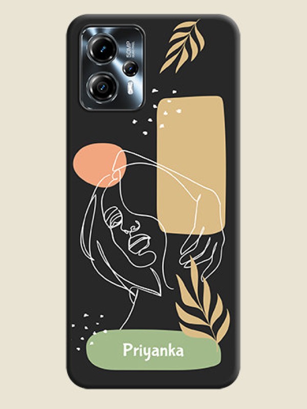 Custom Custom Text With Line Art Of Women & Leaves Design On Space Black Personalized Soft Matte Phone Covers -Motorola Moto G13
