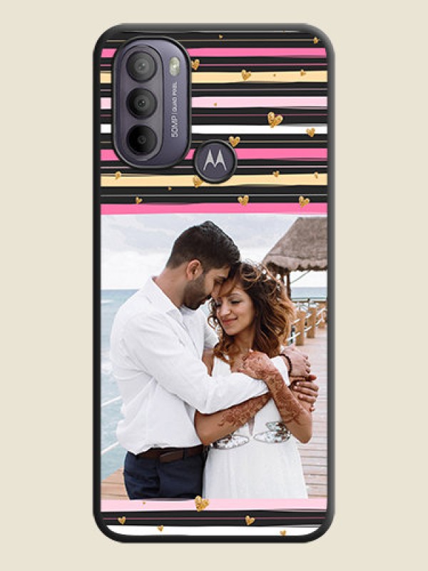 Custom Multicolor Lines and Golden Love Symbols Design on Photo on Space Black Soft Matte Mobile Cover - Moto G31