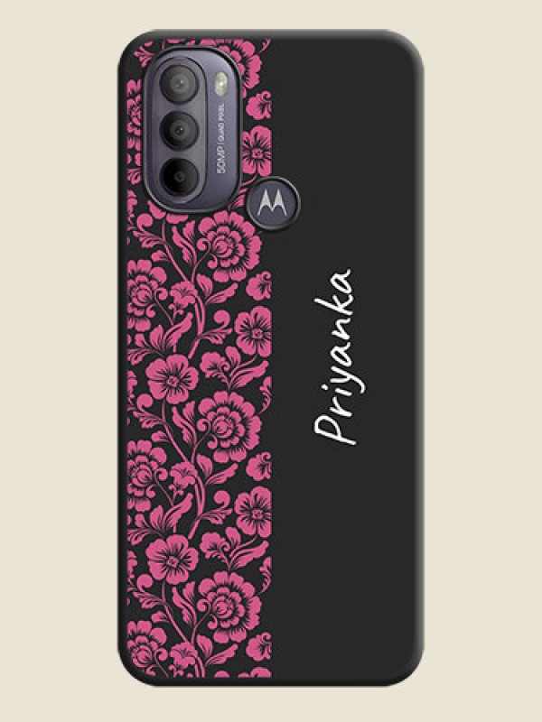 Custom Pink Floral Pattern Design With Custom Text On Space Black Personalized Soft Matte Phone Covers -Motorola Moto G31