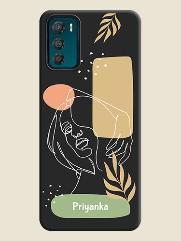 Custom Custom Text With Line Art Of Women & Leaves Design On Space Black Personalized Soft Matte Phone Covers -Motorola Moto G42