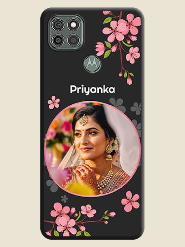Custom Round Image with Pink Color Floral Design on Photo on Space Black Soft Matte Back Cover - Moto G9 Power
