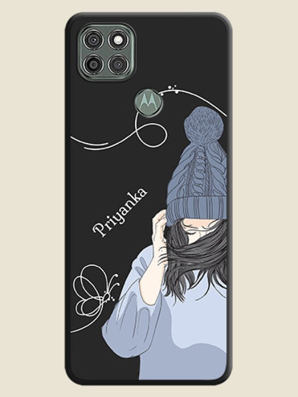 Custom Girl With Blue Winter Outfiit Custom Text Design On Space Black Personalized Soft Matte Phone Covers -Motorola Moto G9 Power