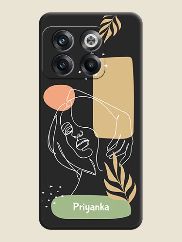 Custom Custom Text With Line Art Of Women & Leaves Design On Space Black Personalized Soft Matte Phone Covers -Oneplus 10T 5G