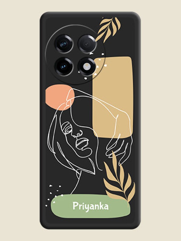 Custom Custom Text With Line Art Of Women & Leaves Design On Space Black Personalized Soft Matte Phone Covers -Oneplus 11R 5G
