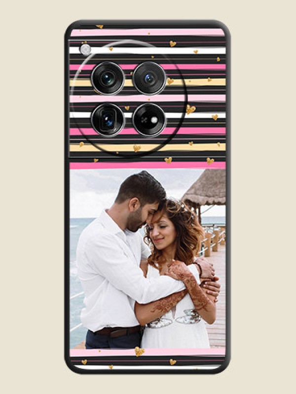 Custom Multicolor Lines and Golden Love Symbols Design on Photo On Space Black Custom Soft Matte Mobile Back Cover - OnePlus 12 5G