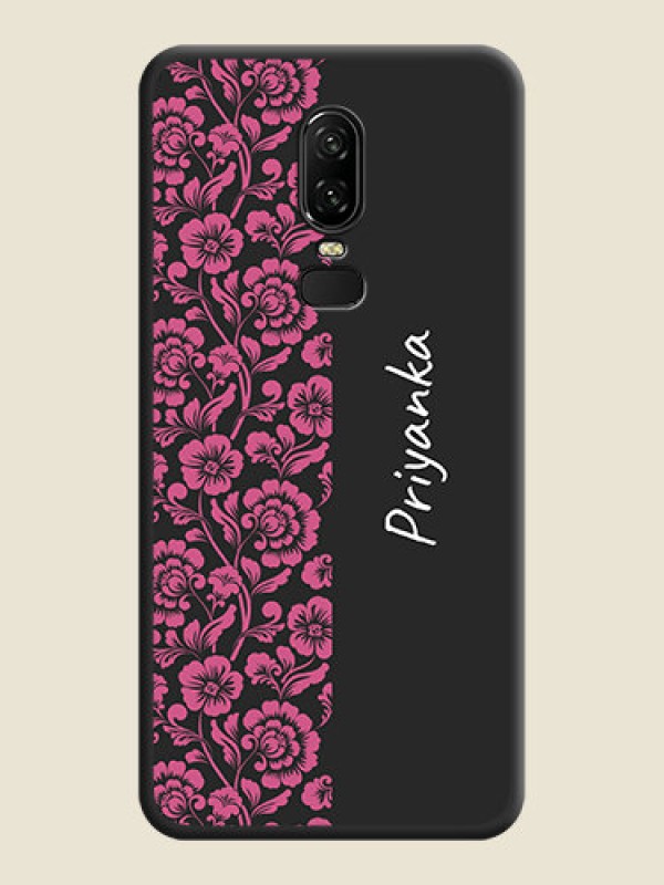 Custom Pink Floral Pattern Design With Custom Text On Space Black Personalized Soft Matte Phone Covers -Oneplus 6