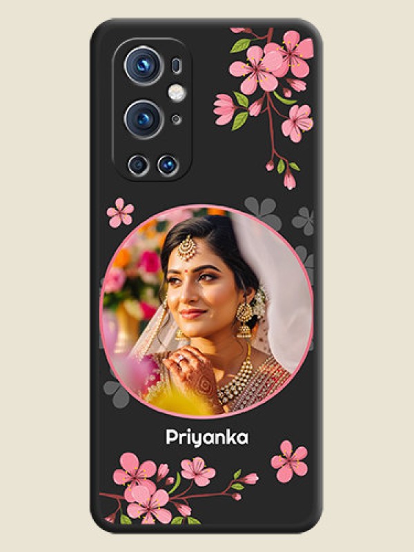Custom Round Image with Pink Color Floral Design on Photo on Space Black Soft Matte Back Cover - Oneplus 9 Pro 5G