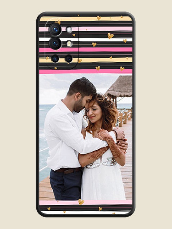 Custom Multicolor Lines and Golden Love Symbols Design on Photo on Space Black Soft Matte Mobile Cover - Oneplus 9R 5G