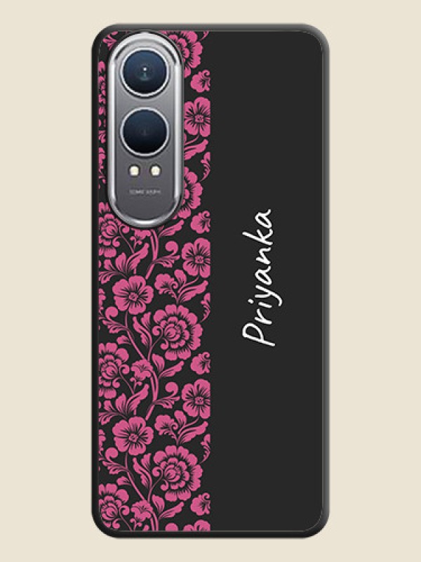 Custom Pink Floral Pattern Design With Custom Text On Space Black Custom Soft Matte Mobile Back Cover - OnePlus Nord CE 4 Lite 5G