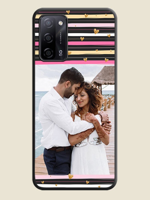 Custom Multicolor Lines and Golden Love Symbols Design on Photo on Space Black Soft Matte Mobile Cover - Oppo A53s 5G