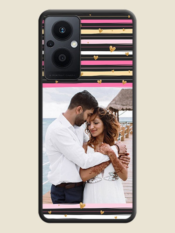 Custom Multicolor Lines and Golden Love Symbols Design on Photo on Space Black Soft Matte Mobile Cover - Oppo F21 Pro 5G