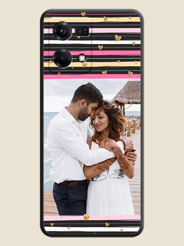 Custom Multicolor Lines and Golden Love Symbols Design on Photo on Space Black Soft Matte Mobile Cover - Oppo F21s Pro