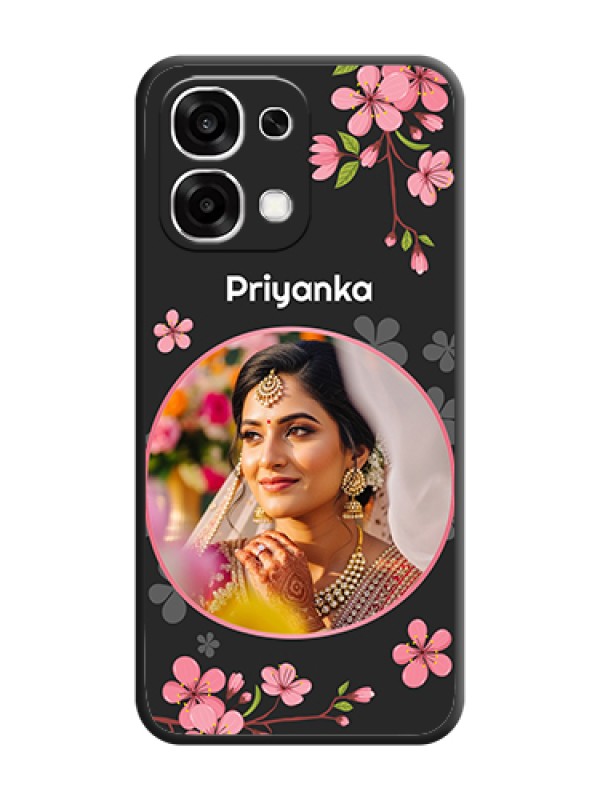 Custom Round Image with Pink Color Floral Design on Photo On Space Black Custom Soft Matte Mobile Back Cover - Oppo F33 5G