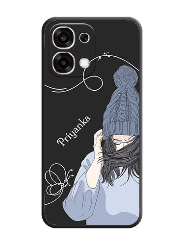 Custom Girl With Blue Winter Outfiit Custom Text Design On Space Black Custom Soft Matte Mobile Back Cover - Oppo F33 5G