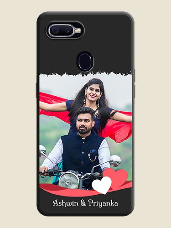 Custom Pink Color Love Shaped Ribbon Design with Text on Space Black Custom Soft Matte Phone Back Cover - Oppo F9 Pro