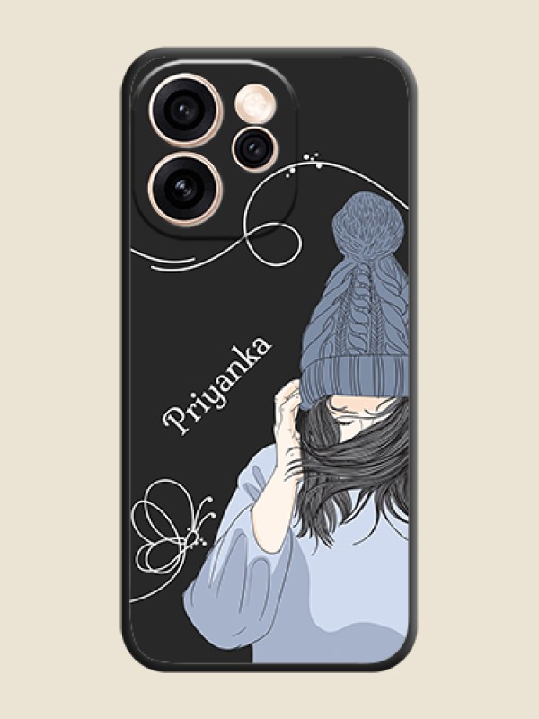 Custom Girl With Blue Winter Outfiit Custom Text Design On Space Black Custom Soft Matte Mobile Back Cover - Oppo Reno 15 Pro 5G