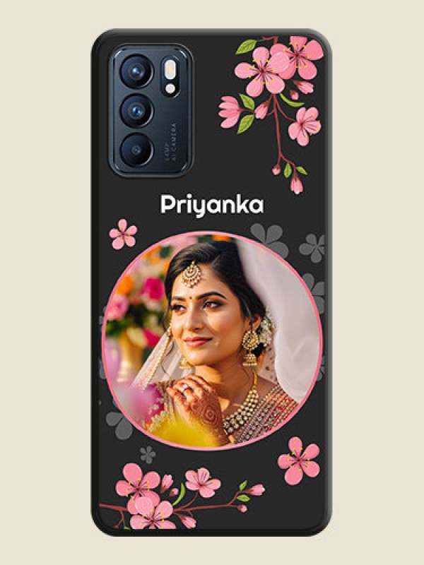 Custom Round Image with Pink Color Floral Design on Photo on Space Black Soft Matte Back Cover - Oppo Reno 6 5G