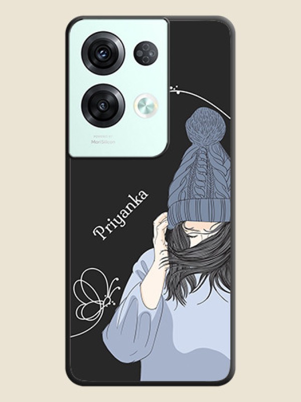 Custom Girl With Blue Winter Outfiit Custom Text Design On Space Black Personalized Soft Matte Phone Covers -Oppo Reno 8 Pro 5G