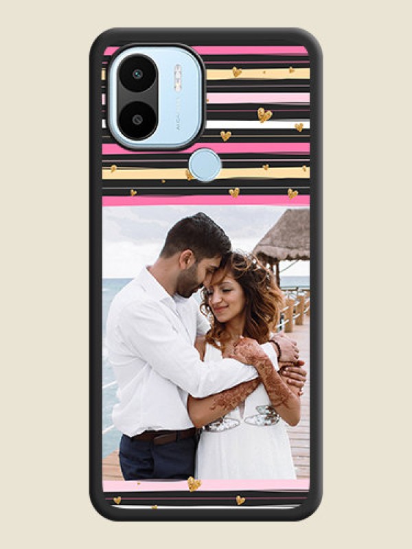 Custom Multicolor Lines and Golden Love Symbols Design on Photo on Space Black Soft Matte Mobile Cover - Poco C50
