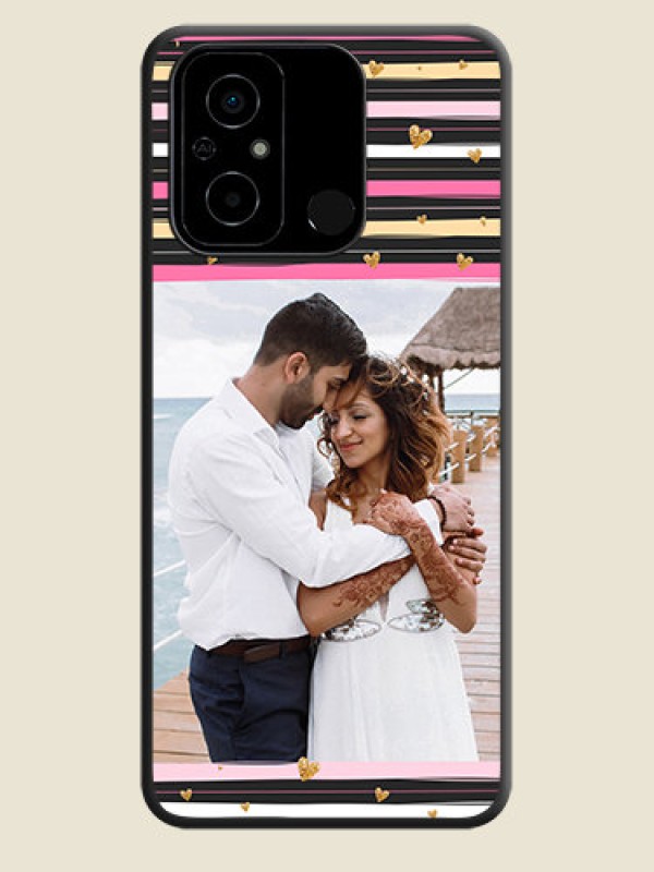 Custom Multicolor Lines and Golden Love Symbols Design on Photo on Space Black Soft Matte Mobile Cover - Poco C55