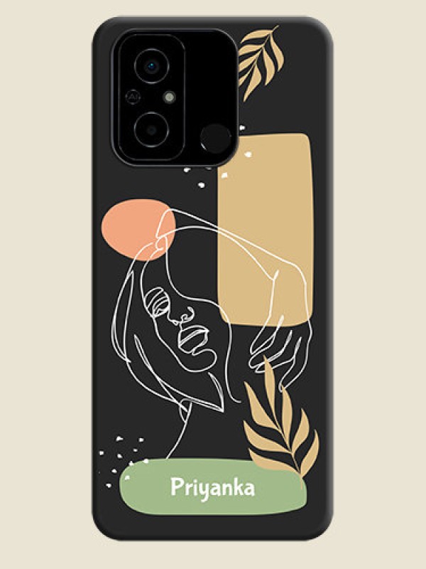 Custom Custom Text With Line Art Of Women & Leaves Design On Space Black Personalized Soft Matte Phone Covers -Poco C55
