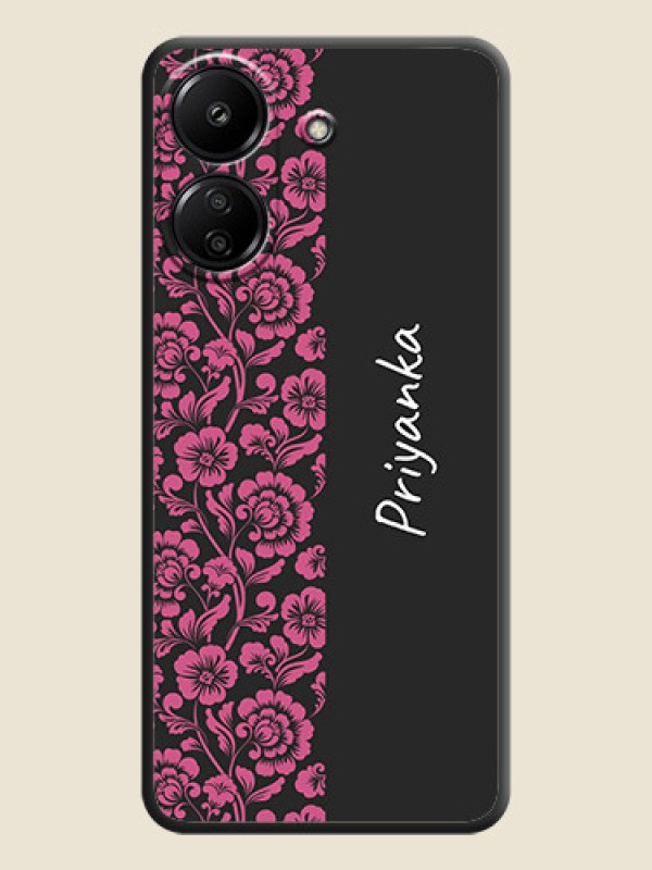 Custom Pink Floral Pattern Design With Custom Text On Space Black Custom Soft Matte Mobile Back Cover - Poco C65