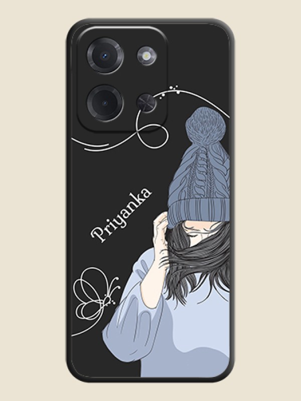 Custom Girl With Blue Winter Outfiit Custom Text Design On Space Black Custom Soft Matte Mobile Back Cover - Poco C85 5G