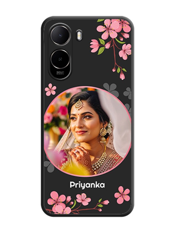 Custom Round Image with Pink Color Floral Design on Photo On Space Black Custom Soft Matte Mobile Back Cover - Poco C85X 5G