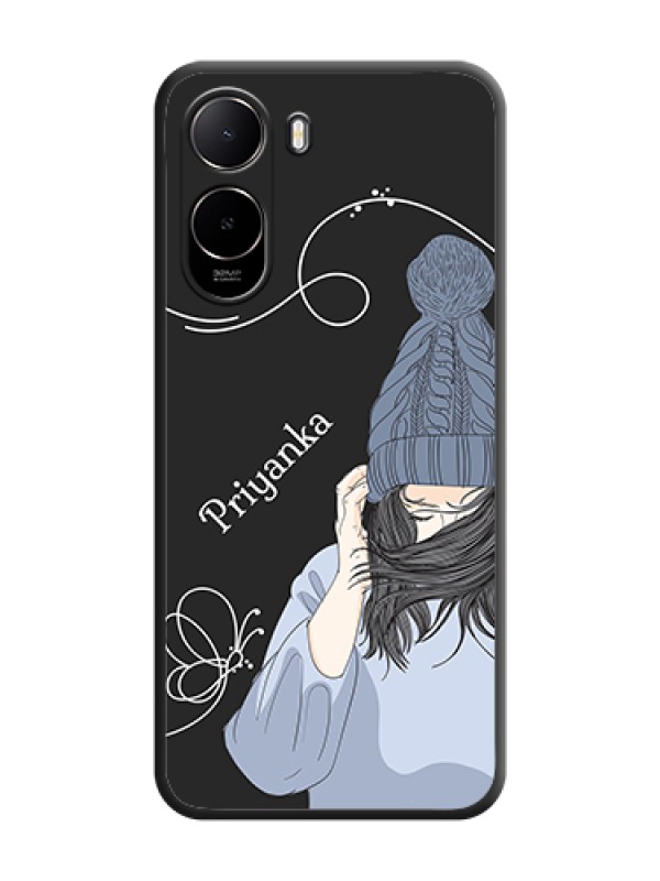 Custom Girl With Blue Winter Outfiit Custom Text Design On Space Black Custom Soft Matte Mobile Back Cover - Poco C85X 5G