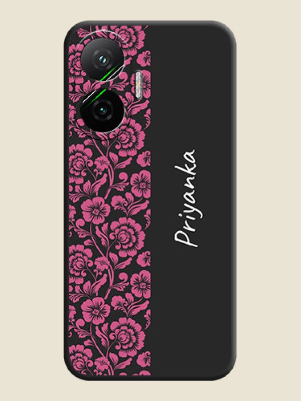 Custom Pink Floral Pattern Design With Custom Text On Space Black Custom Soft Matte Mobile Back Cover - Poco F7 5G