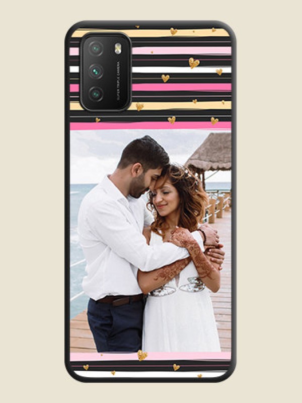 Custom Multicolor Lines and Golden Love Symbols Design on Photo on Space Black Soft Matte Mobile Cover - Poco M3