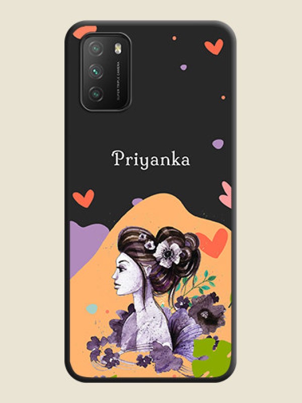 Custom Namecase For Her With Fancy Lady Image On Space Black Personalized Soft Matte Phone Covers -Poco M3